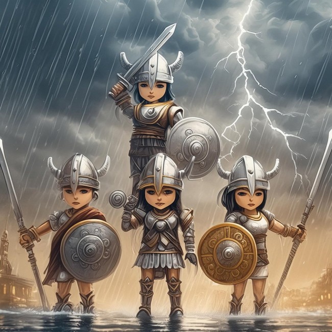 Firefly amazon female warriors, dramatic poses, storm, rain, thunder 23622cs.jpg